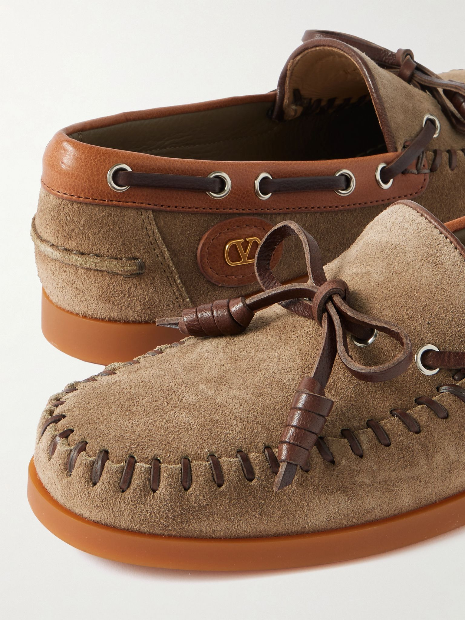 Leather-trimmed suede boat shoes Tan - 4