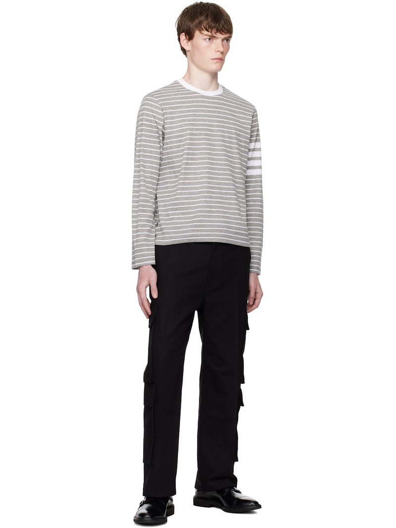 Thom Browne Gray & White Milano 4-Bar Long Sleeve T-shirt outlook