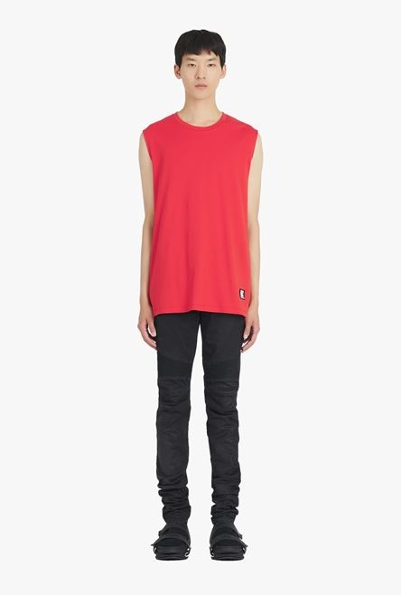 Red eco-designed cotton T-shirt with white Balmain logo print - 4