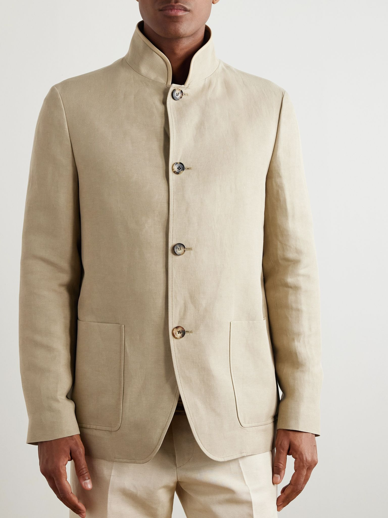 Spagna Unstructured Nehru-Collar Linen and Silk-Blend Twill Jacket Beige - 3