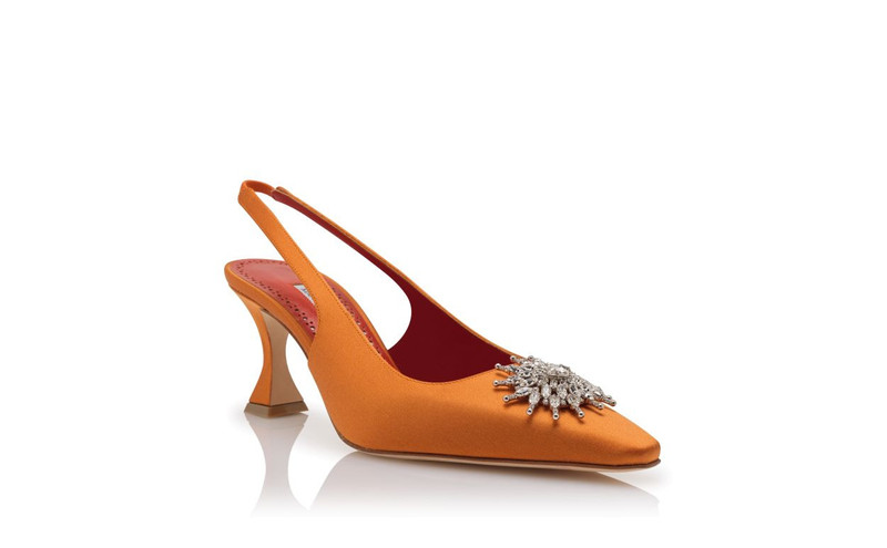 Orange Satin Crystal Embellished Slingback Pumps 3