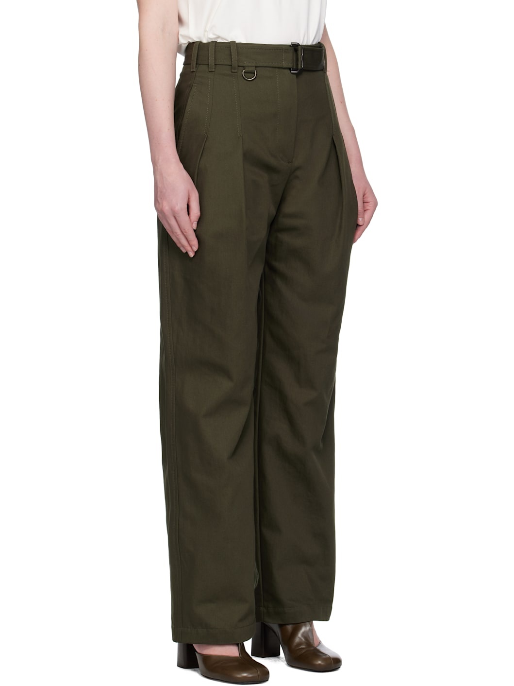 Green Gabardine Belted Trousers - 2