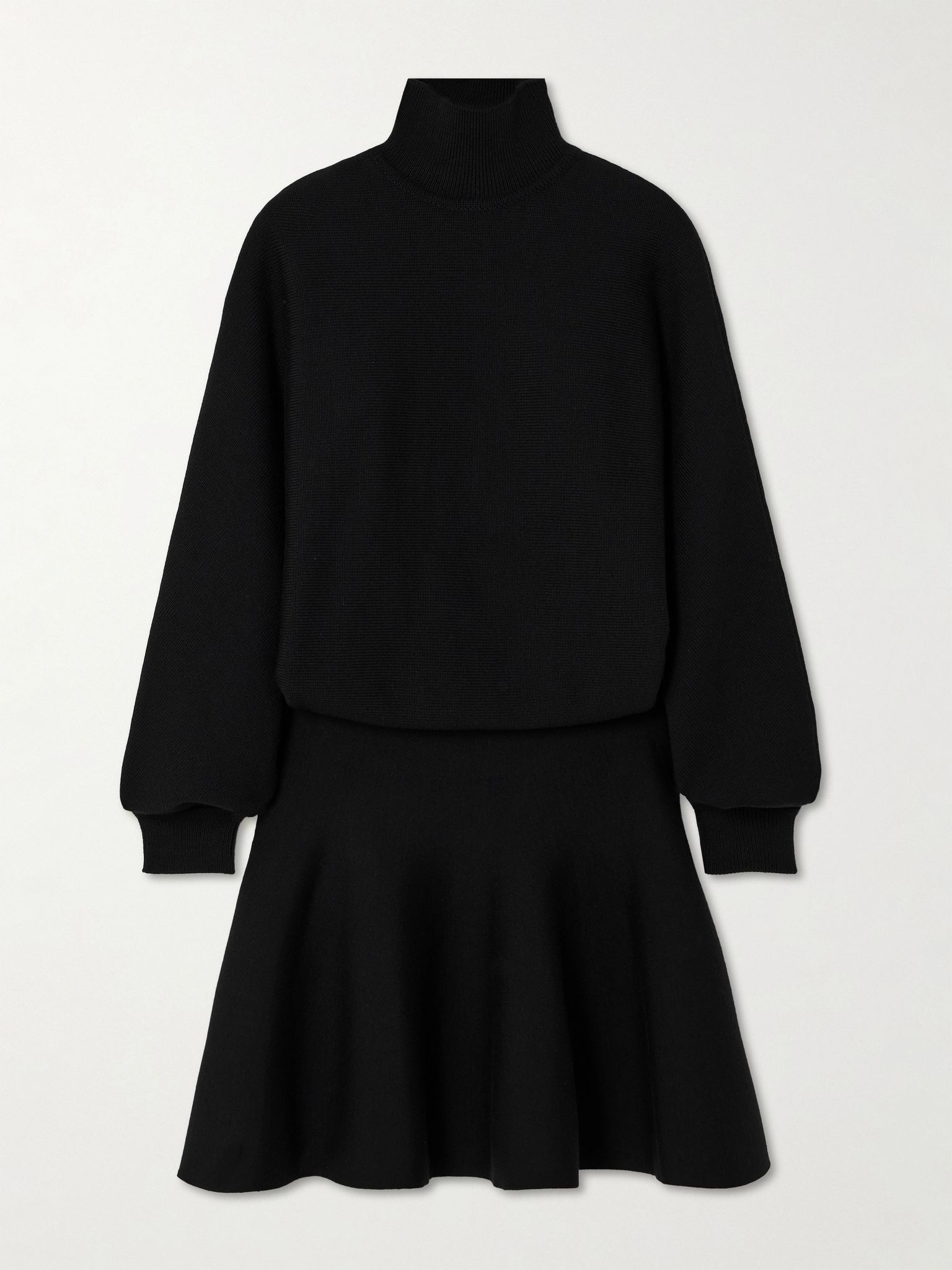 Pleated virgin wool and wool-blend turtleneck mini dress Black - 1