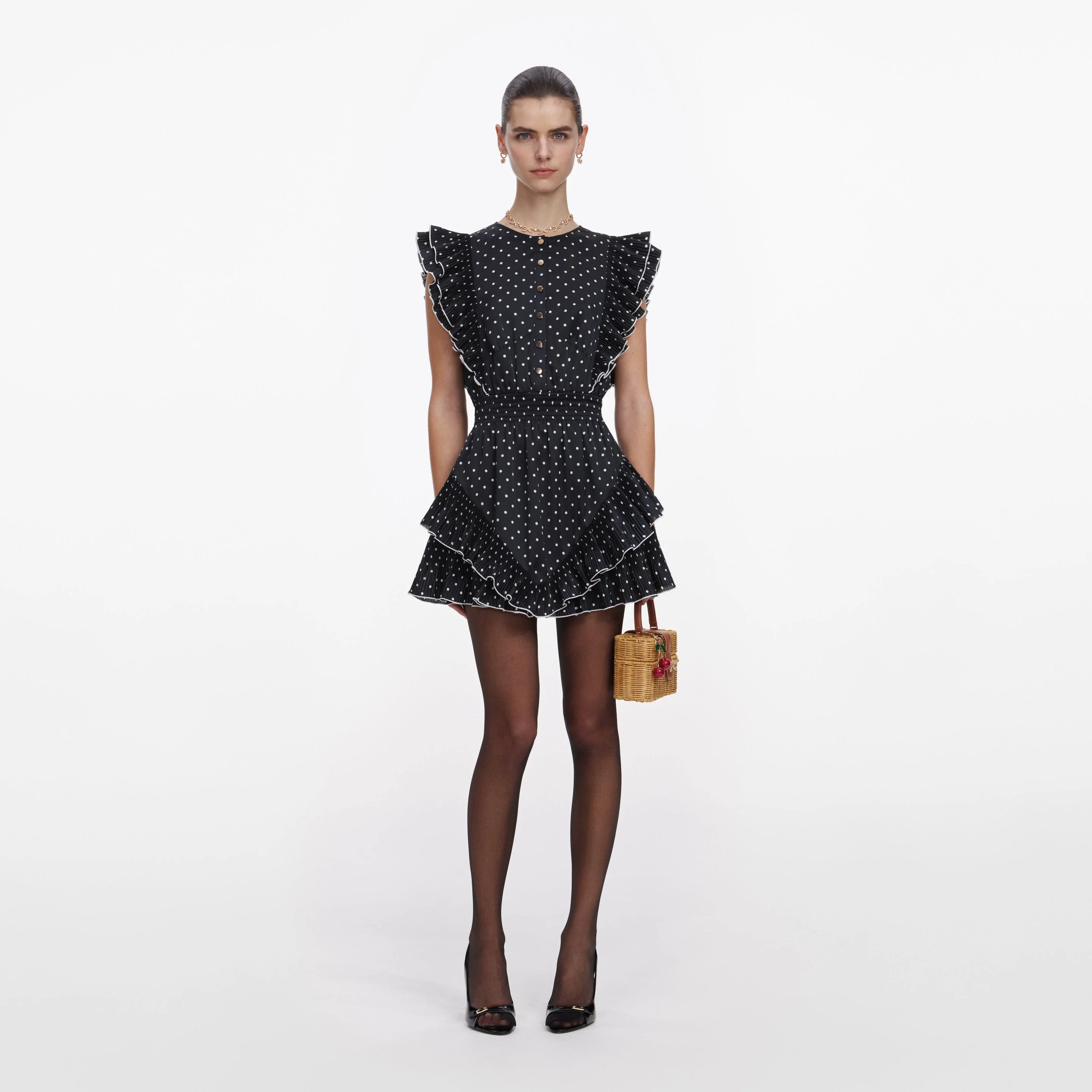 Black Polka Dot Frill Mini Dress - 1