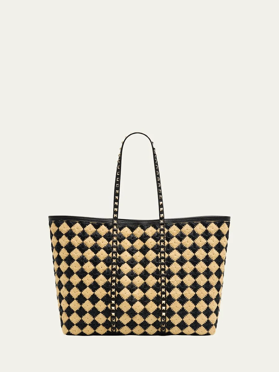 Rockstud Embroidered Raffia Shopping Tote Bag - 1