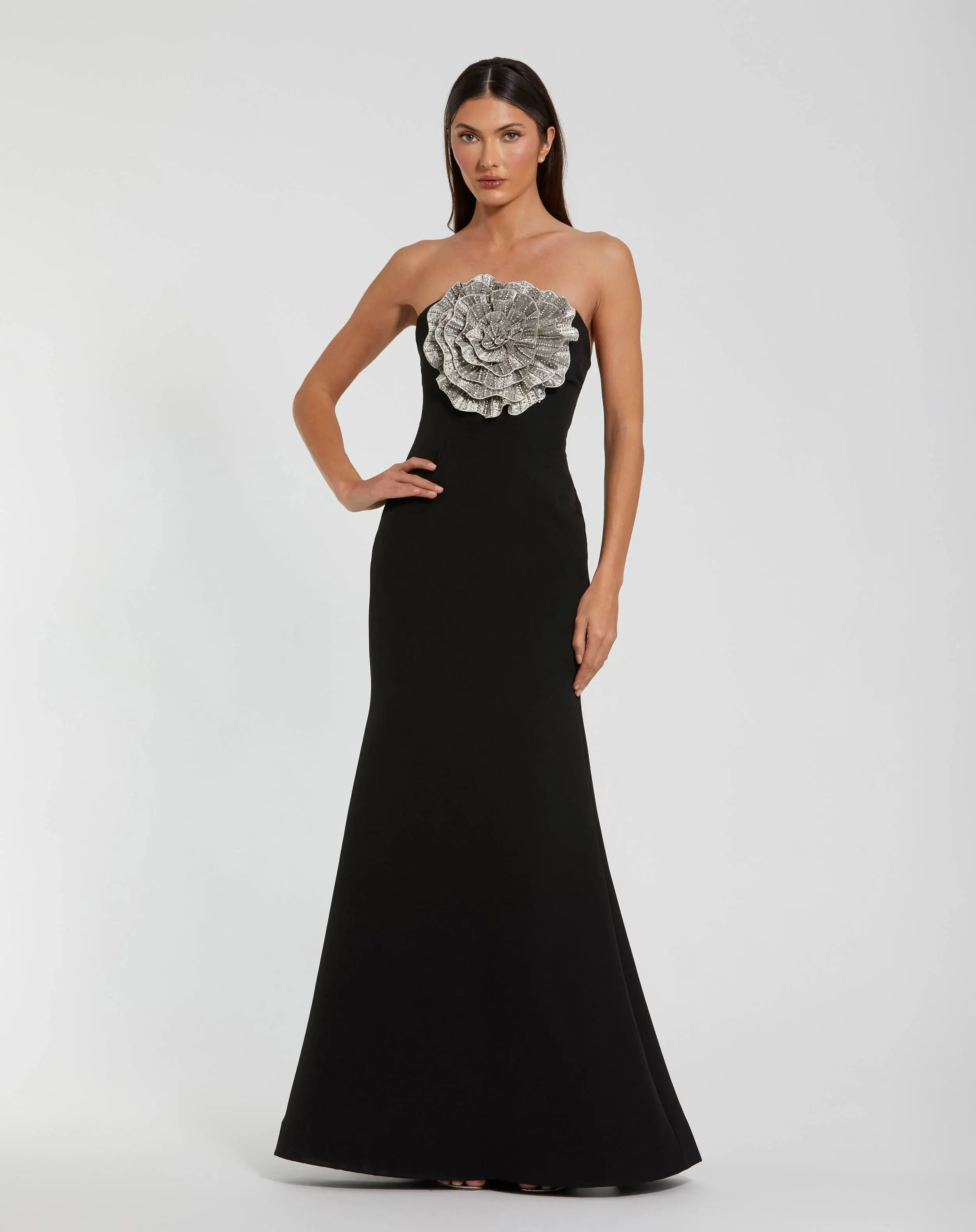 Black Strapless Crepe Trumpet Gown with 3D Rhinestone Flower - 1