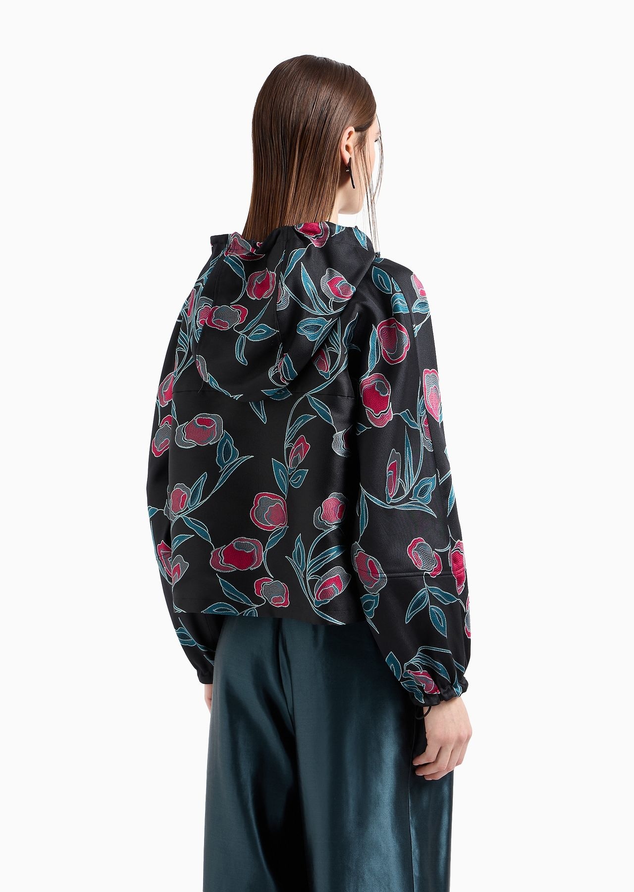 Floral embroidered silk duchess satin hooded blouson - 3