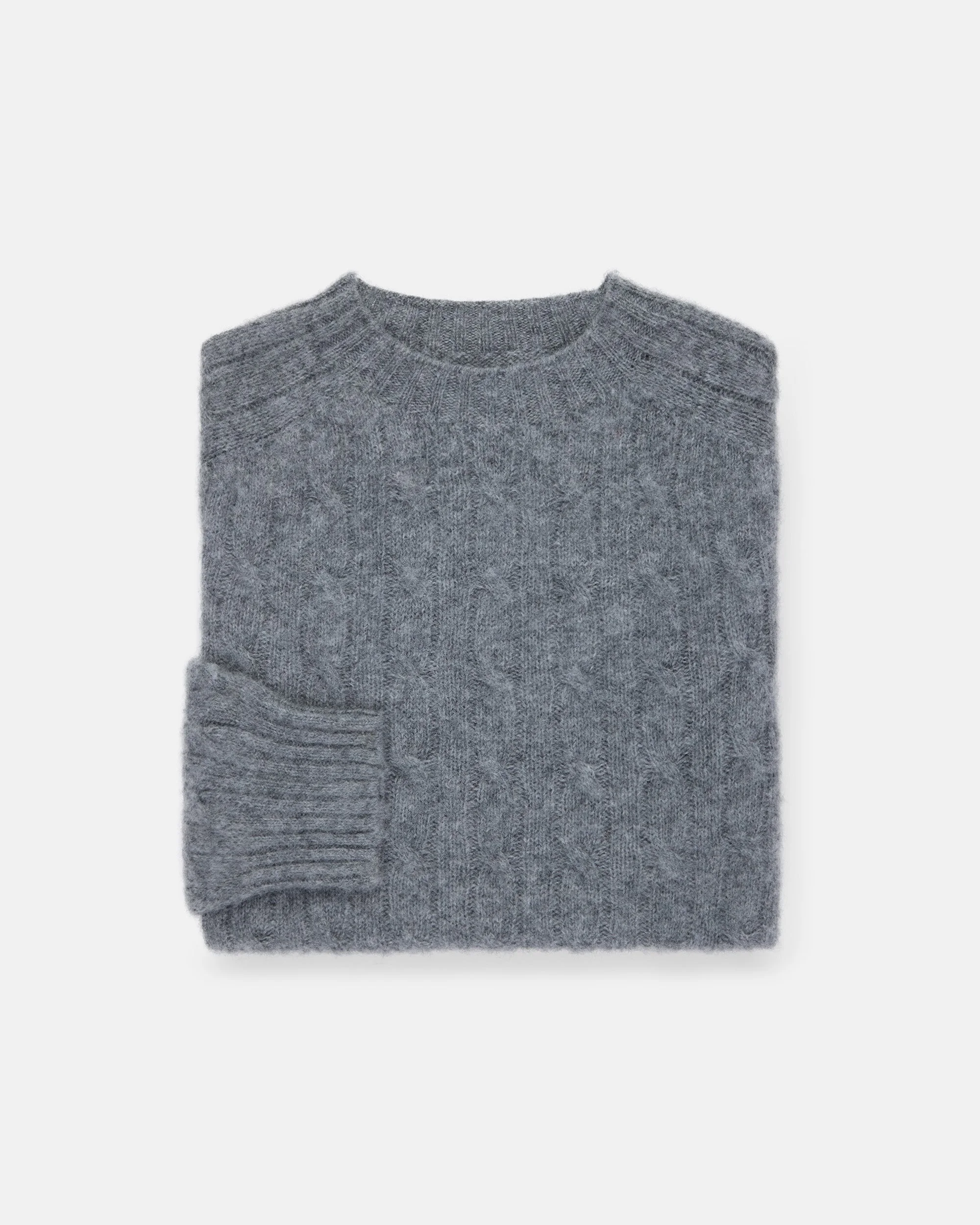 MADE-IN-SCOTLAND MID GREY SHAGGY DOG CABLE KNIT SWEATER - CLASSIC FIT - 1