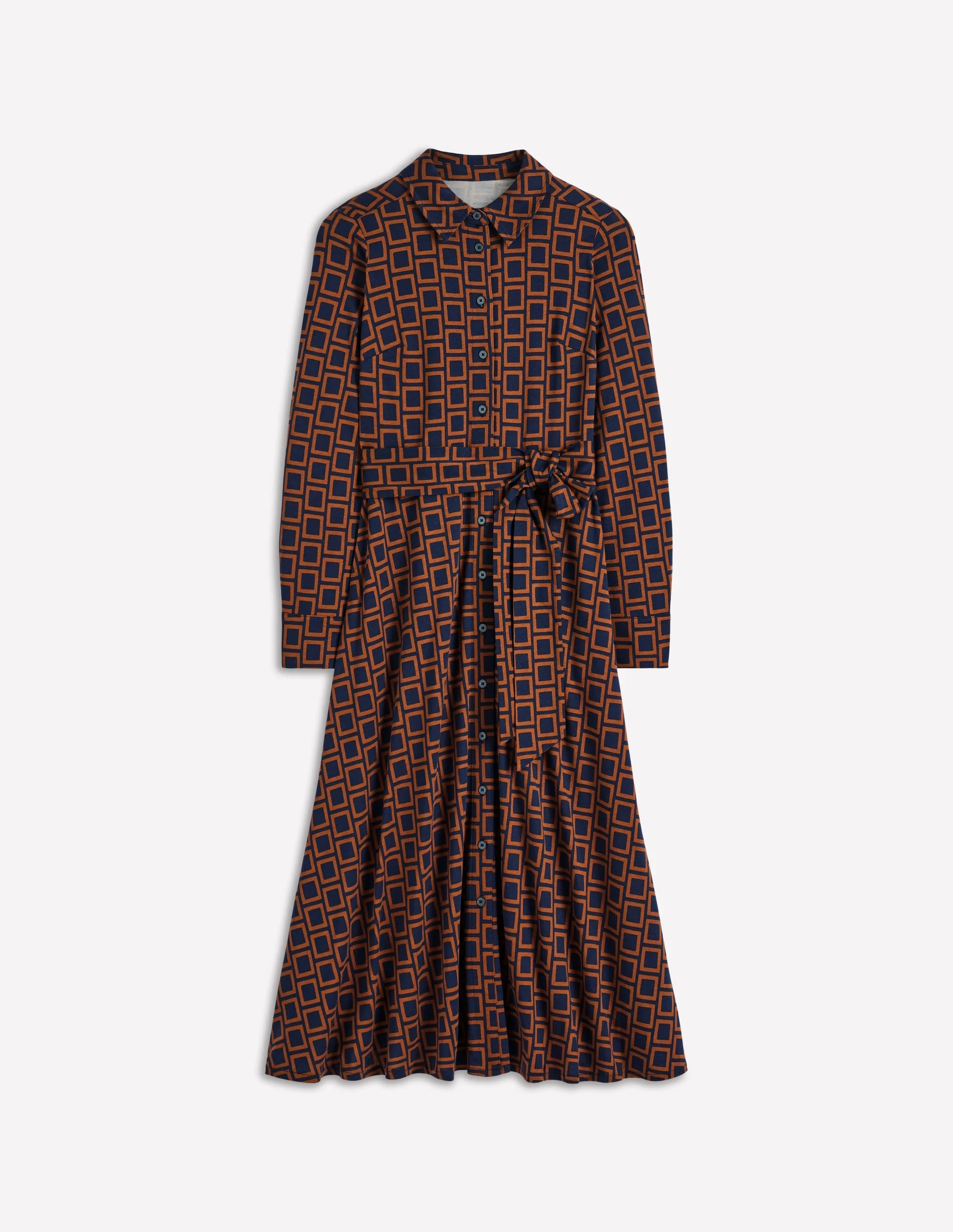 Marcia Jersey Shirt Dress-French Navy, Square Geometric - 1