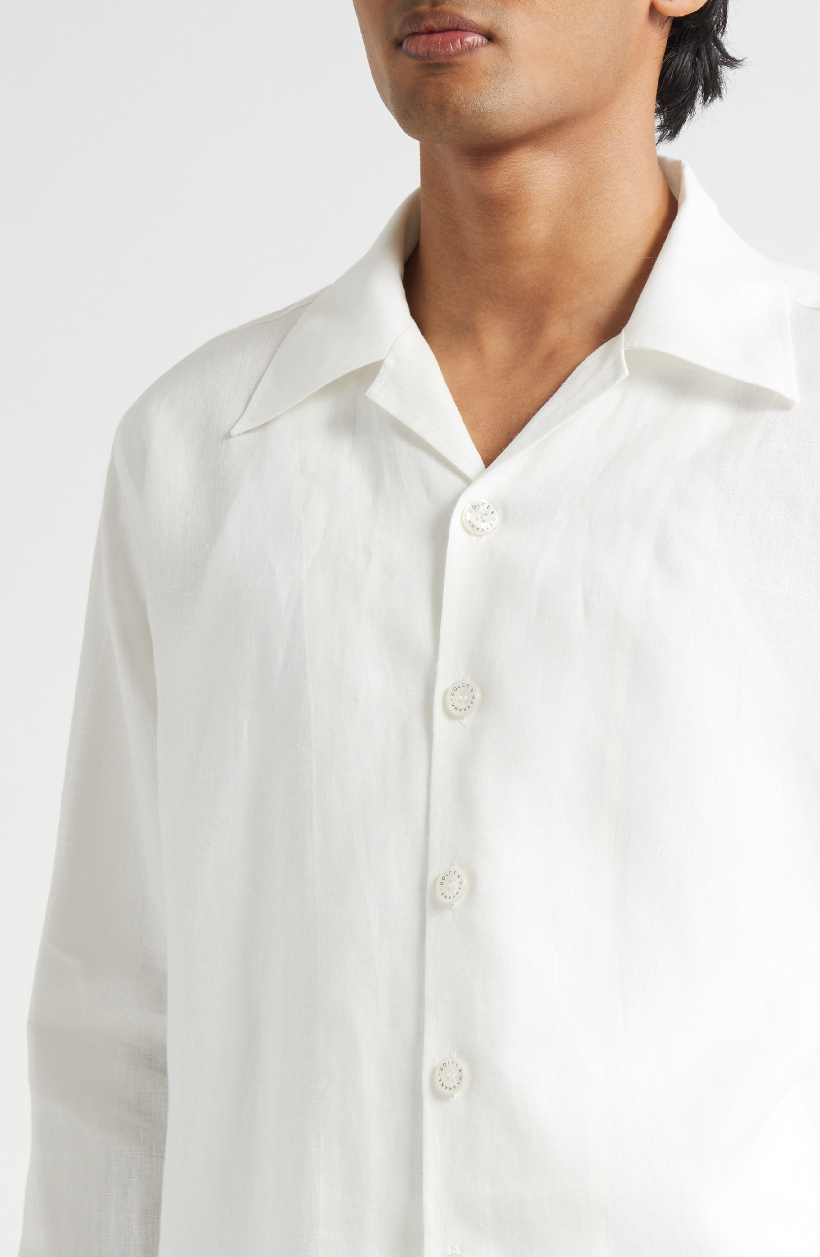 Dolce&Gabbana Long Sleeve Linen Camp Shirt in W0111 Bianco at Nordstrom - 5