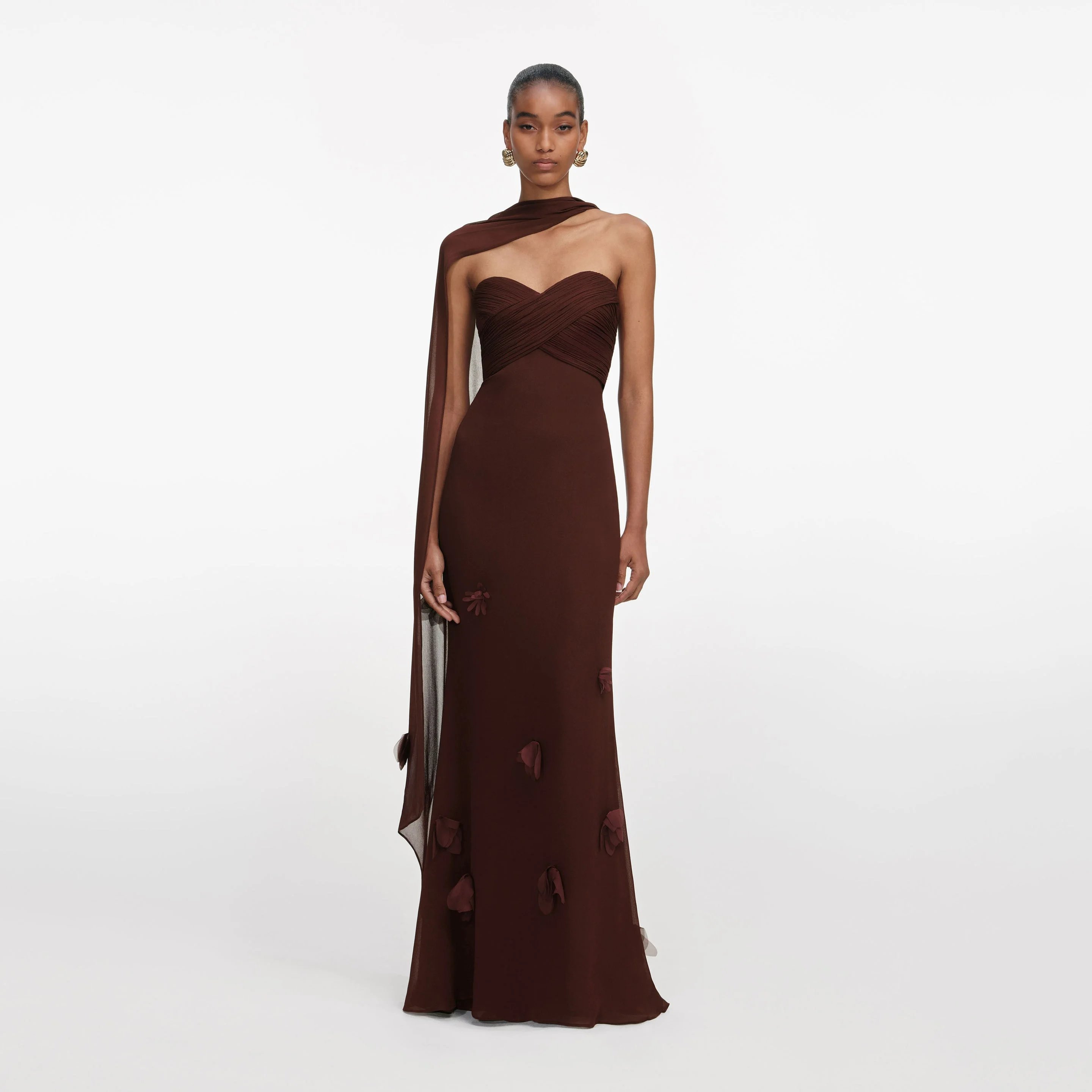Brown Georgette Flower Maxi Dress - 1