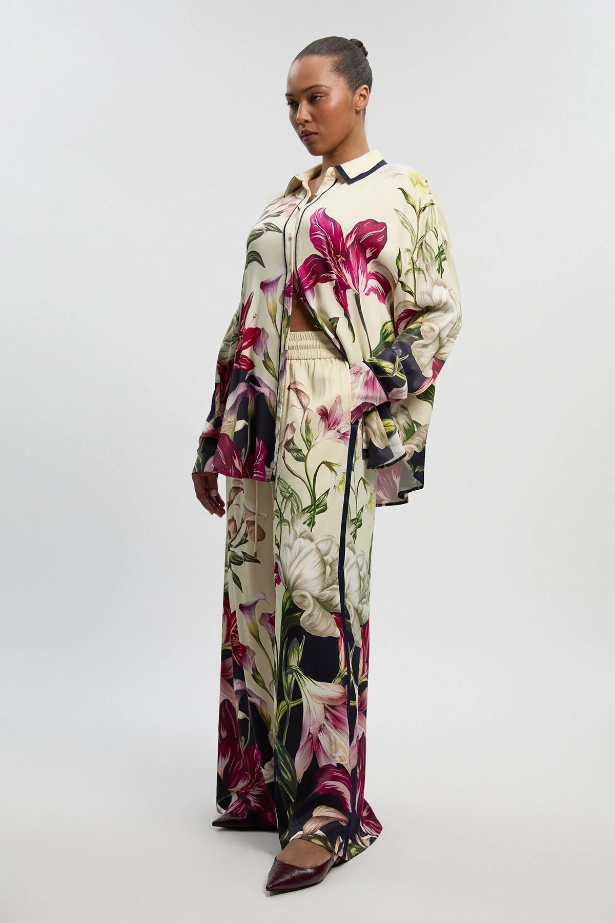 Plus Size Viscose Satin Floral Print Wide Leg Woven Trouser - 1