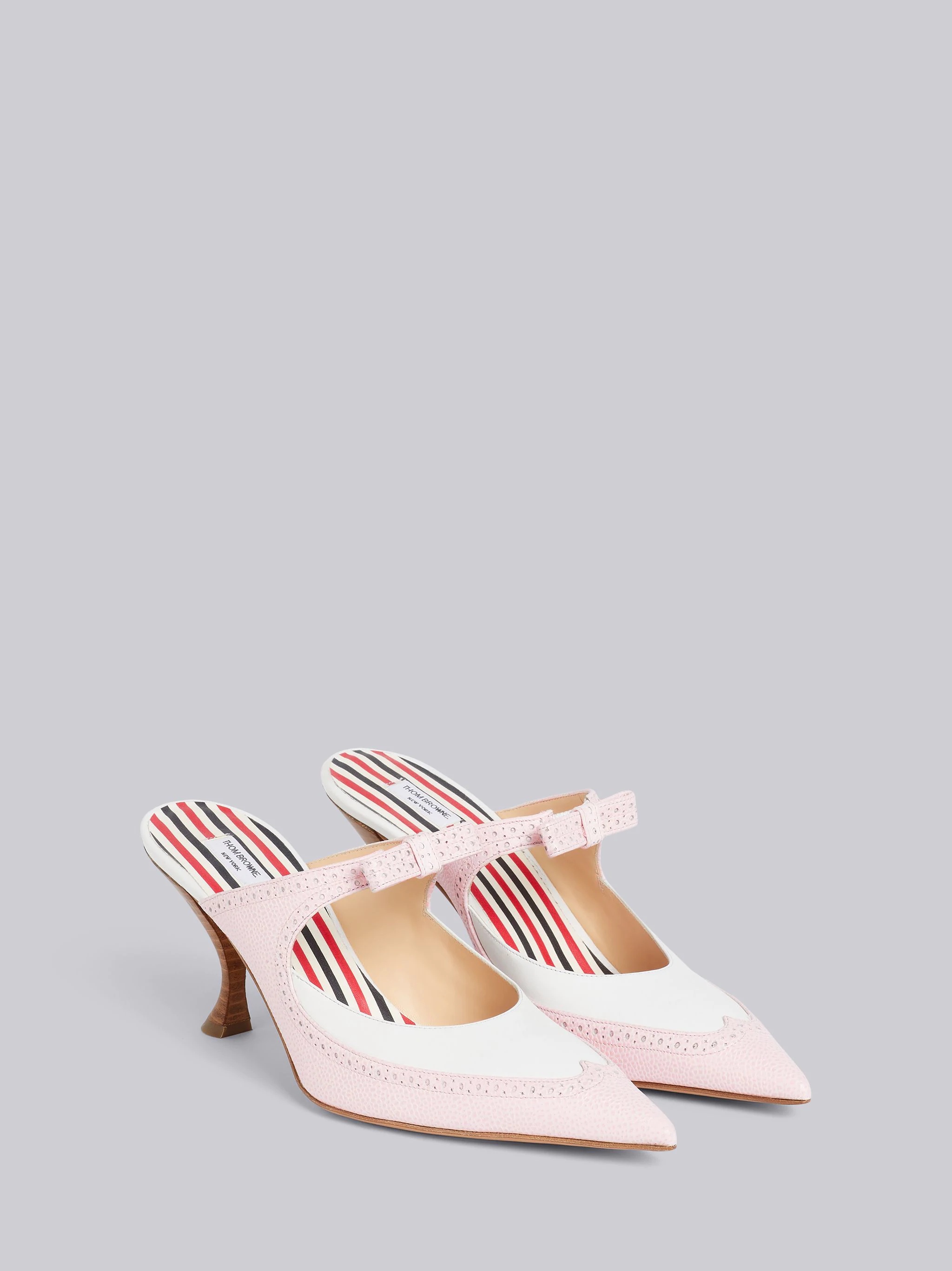 Light Pink Soft Calfskin Curved Brogued Bow Mule - 3