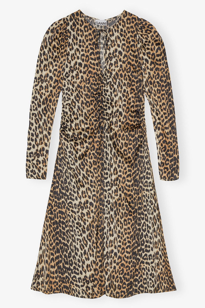 LEOPARD PRINT SATIN RUCHED MIDI DRESS 1