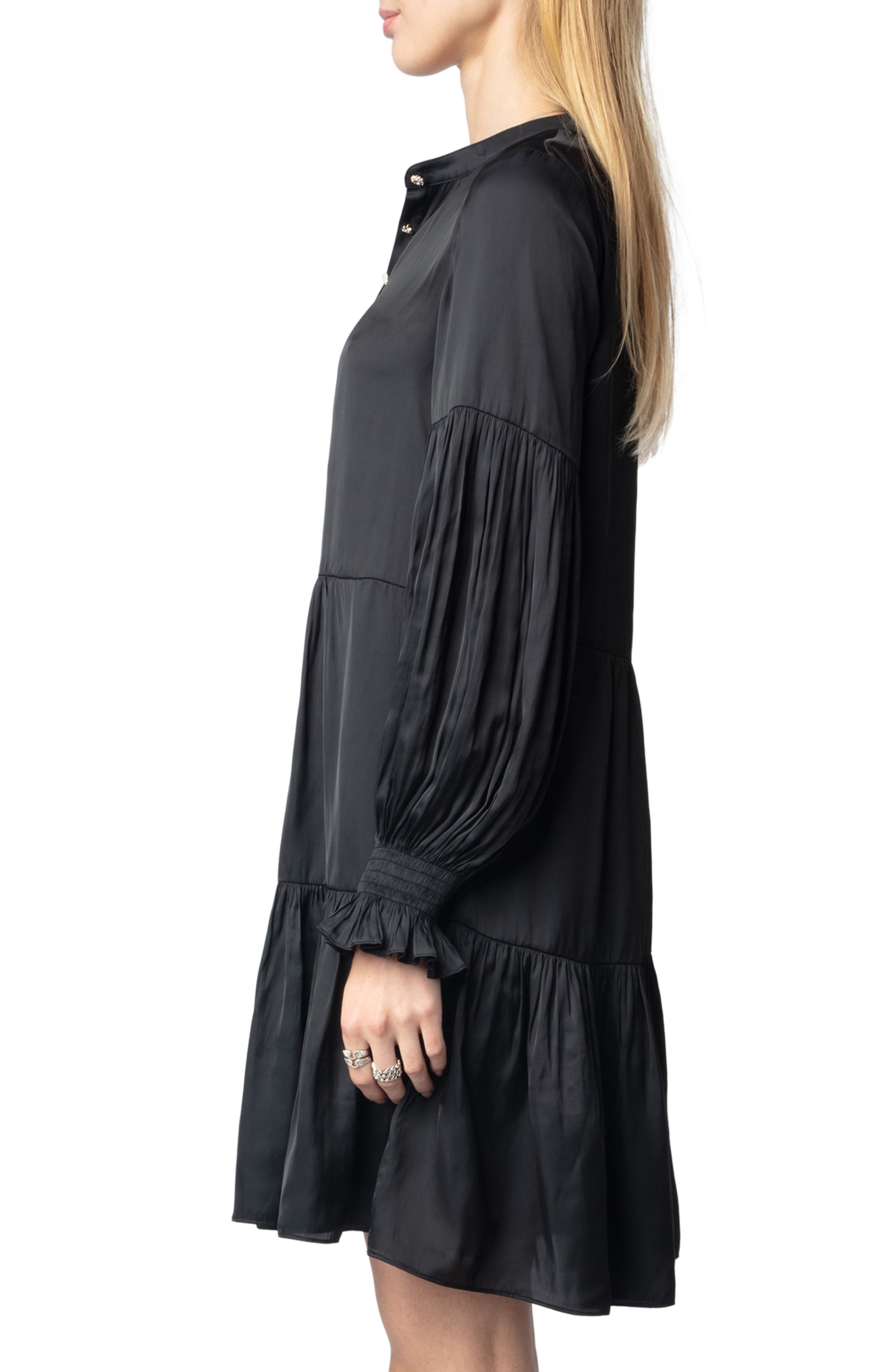 Zadig & Voltaire Randy Long Sleeve Tiered Satin Dress in Black at Nordstrom - 3