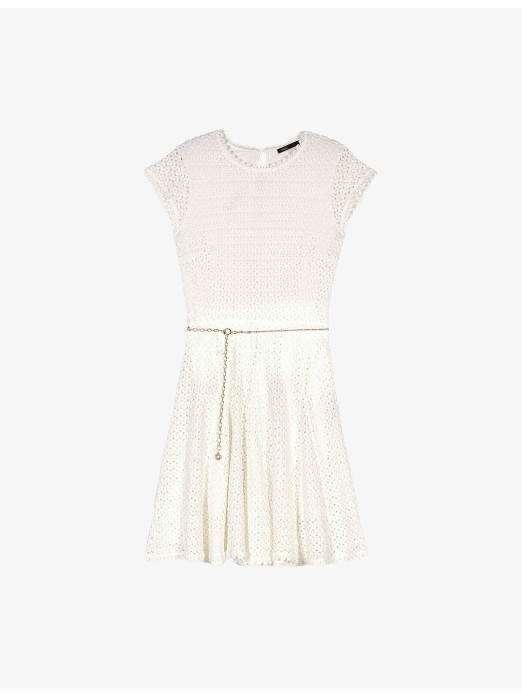 Chain-Belt Short-Sleeve Crochet Knitted Mini Dress - 1