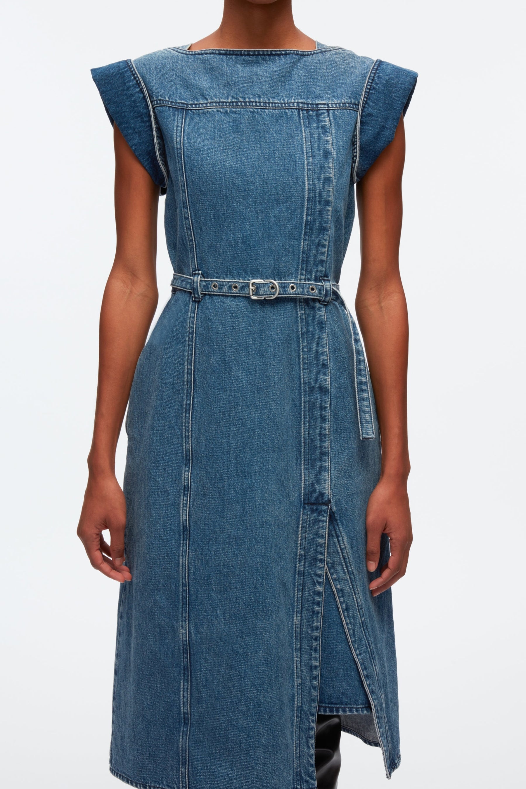 Deconstructed Belted Denim Dress - 4