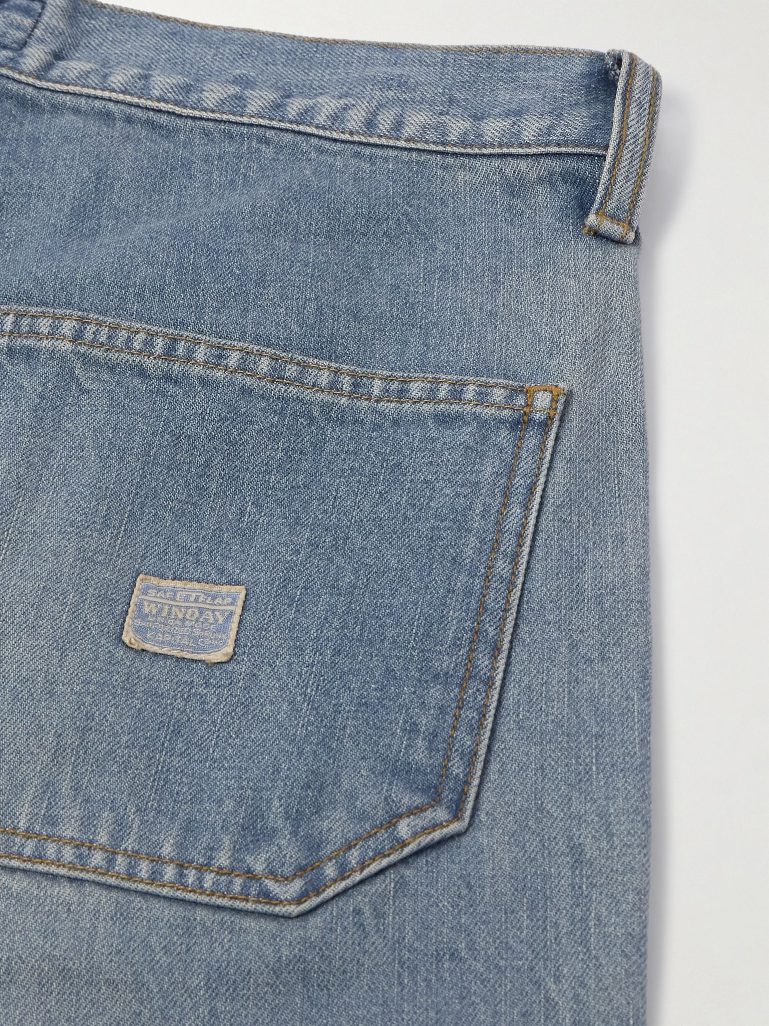 Straight-Leg Leather-Trimmed Embellished Denim Shorts Blue - 4