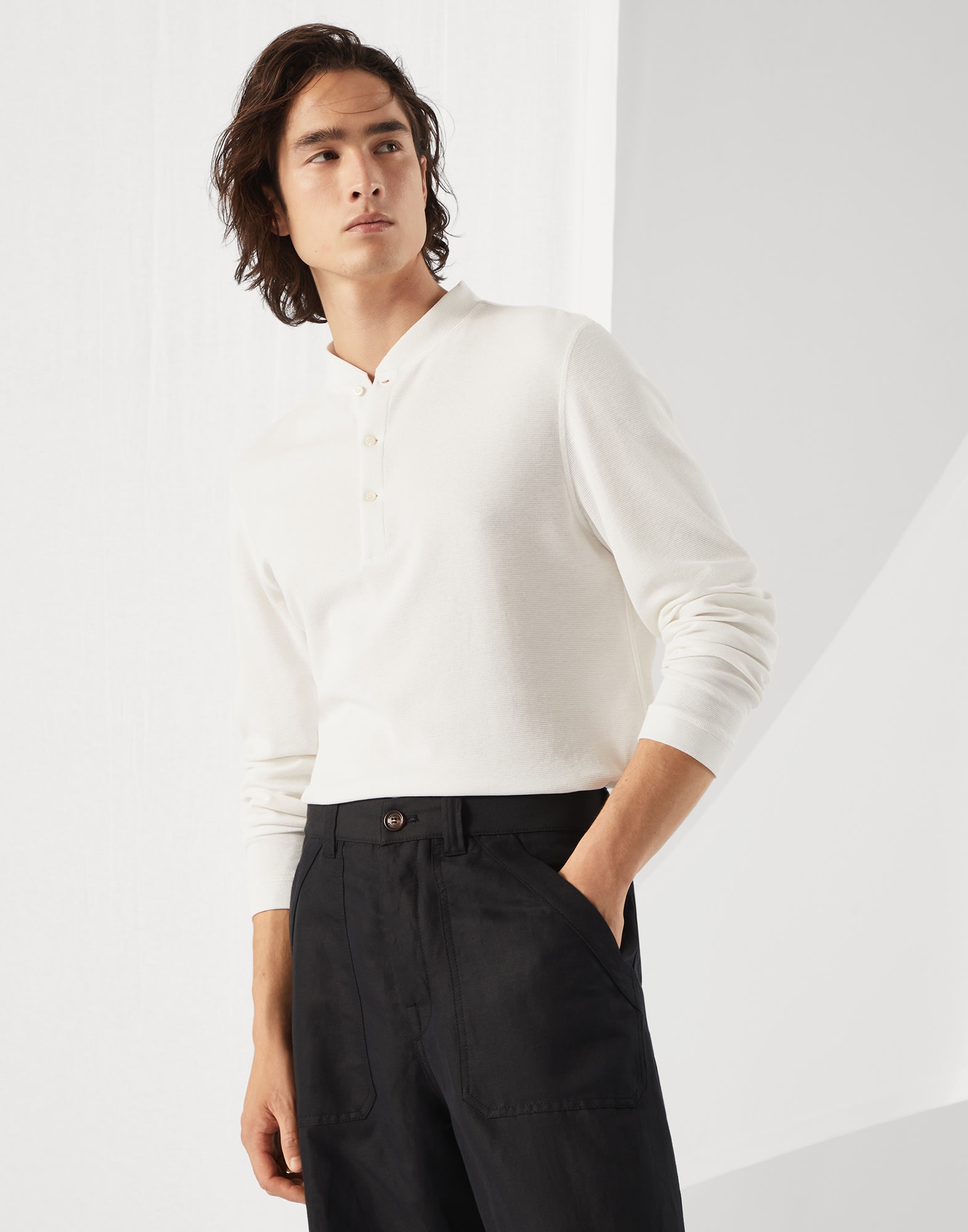 Cotton waffle jersey long sleeve T-shirt with Henley collar - 4