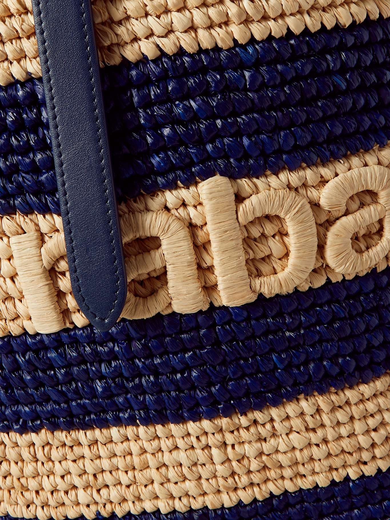 Leather-trimmed logo-embroidered striped raffia tote Navy - 4