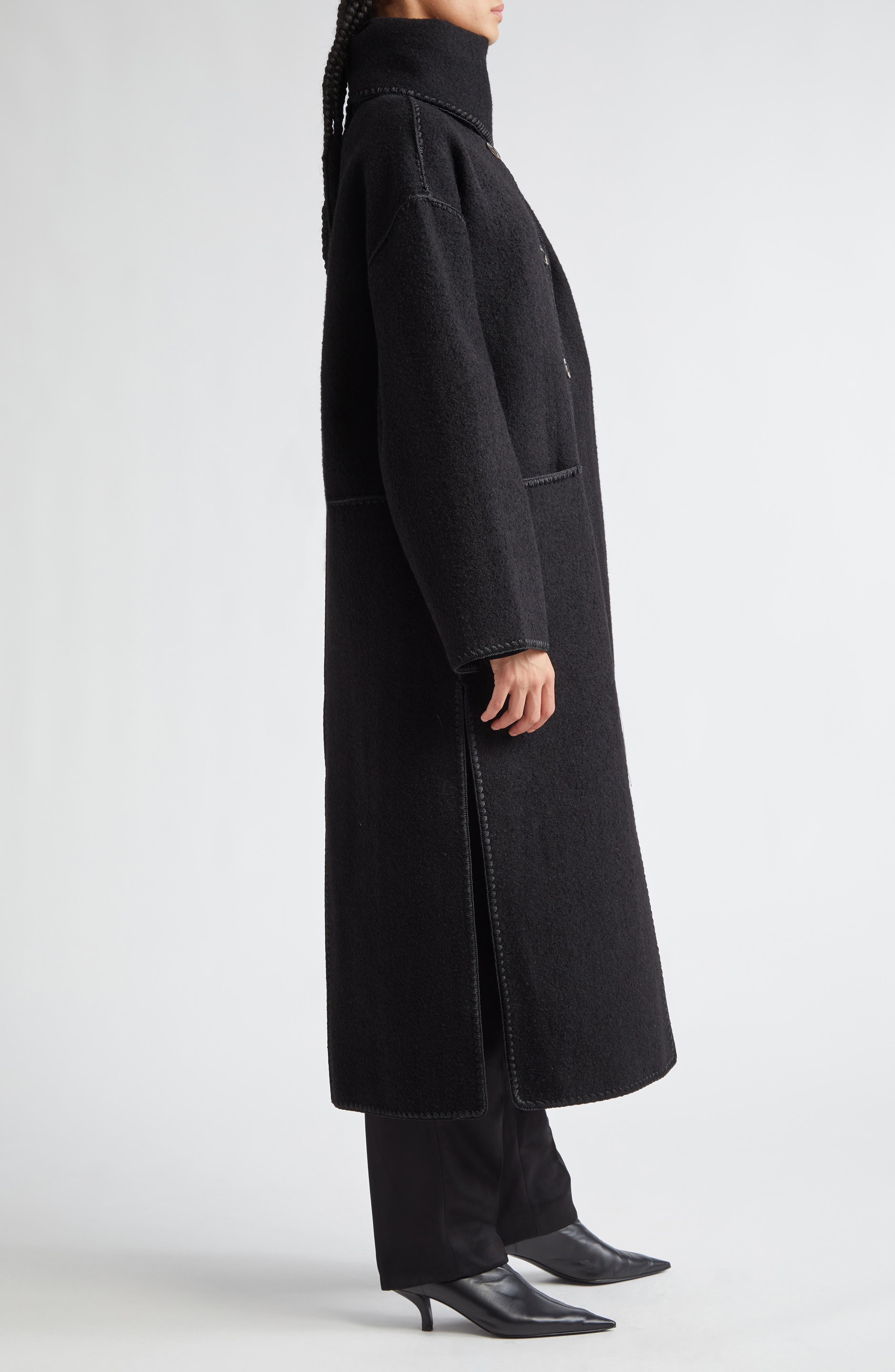 TOTEME Embroidered Scarf Wool Blend Coat in Black at Nordstrom - 4