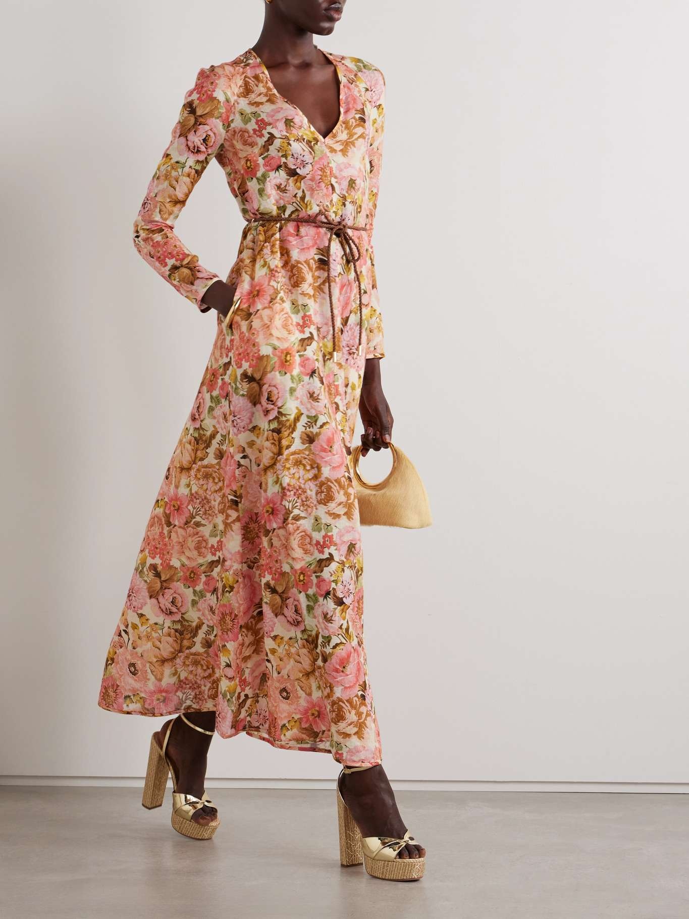 Golden belted floral-print linen maxi dress - 2
