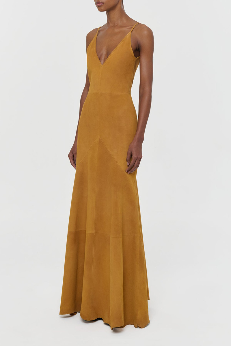 Brigita Slip Maxi Dress in Cashew Suede 3