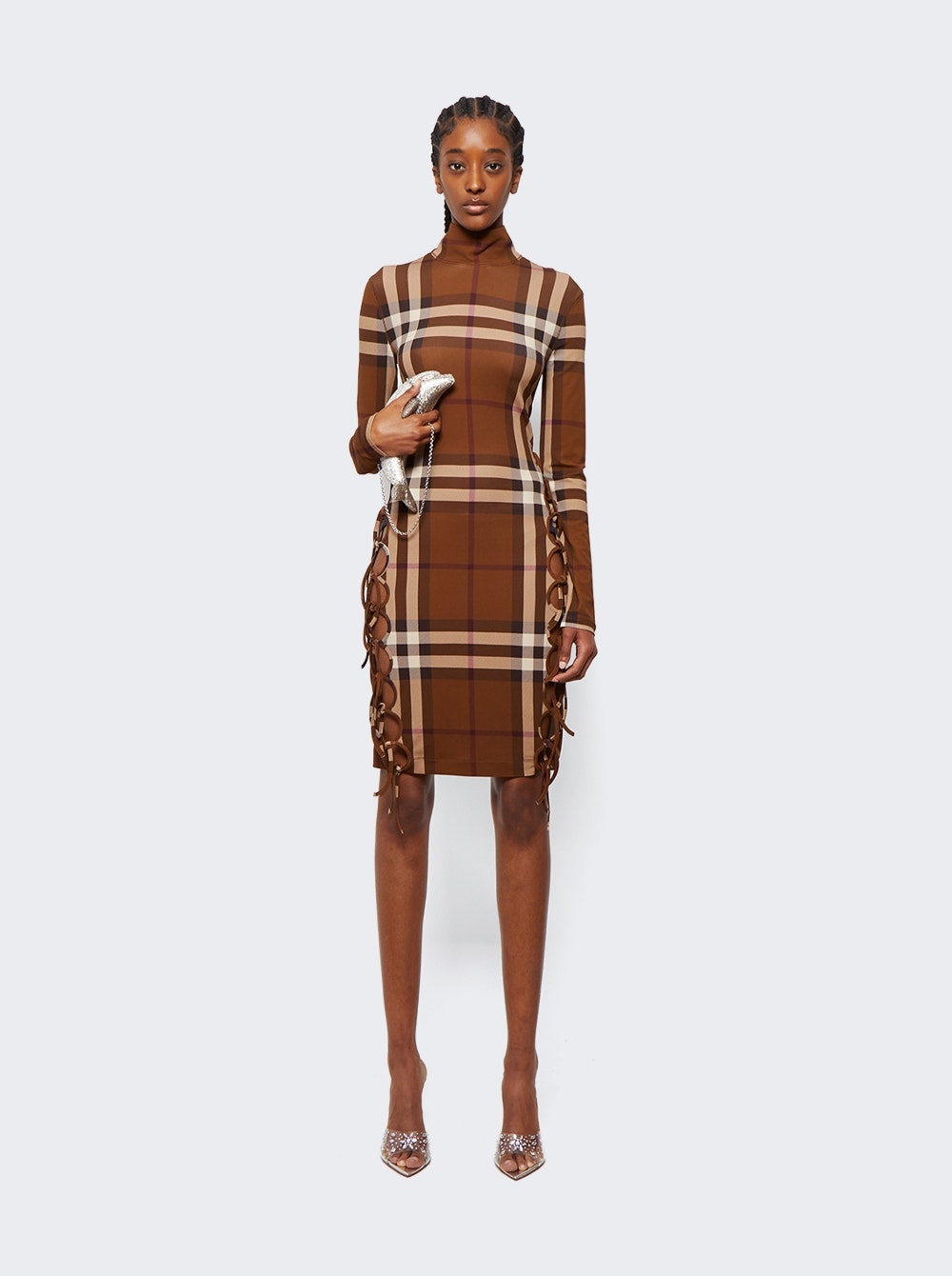 Check Stretch Jersey Side-tie Dress Dark Birch Brown - 2