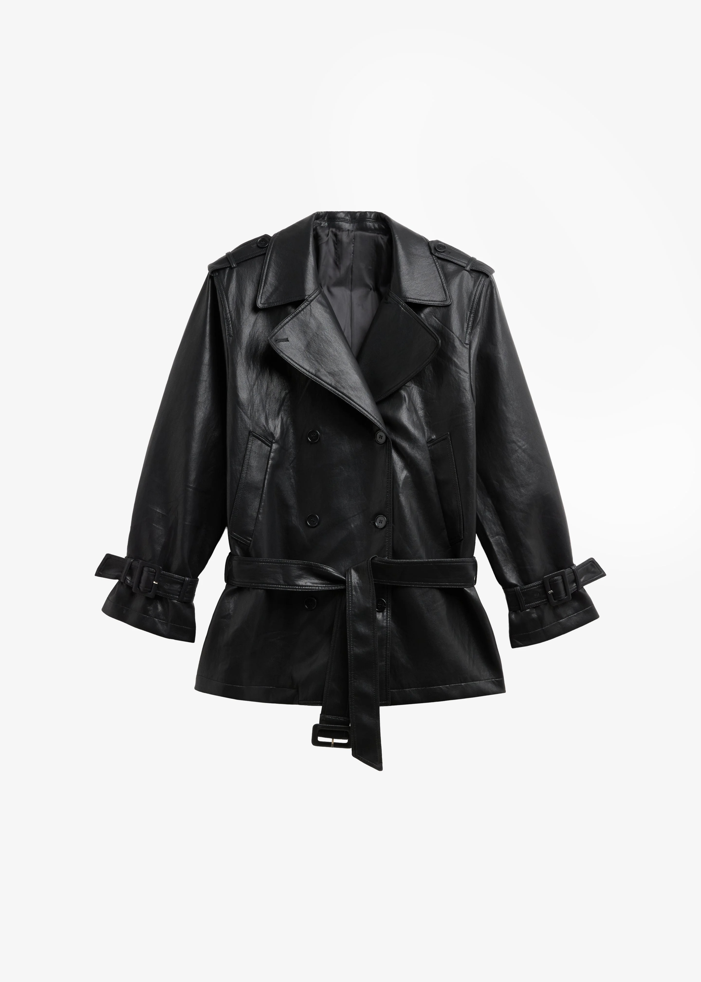 Limay Faux Leather Short Trench - Black - 1