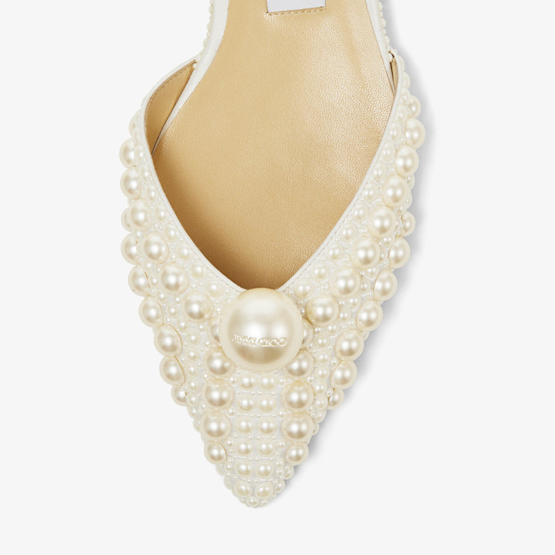 Sabine Flat White Satin Flats with All-Over Pearl Embellishment 4