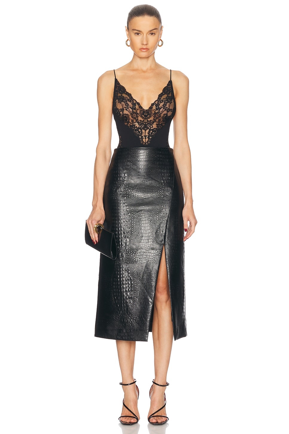 Croc Faux Leather Slit Midi Skirt - 5