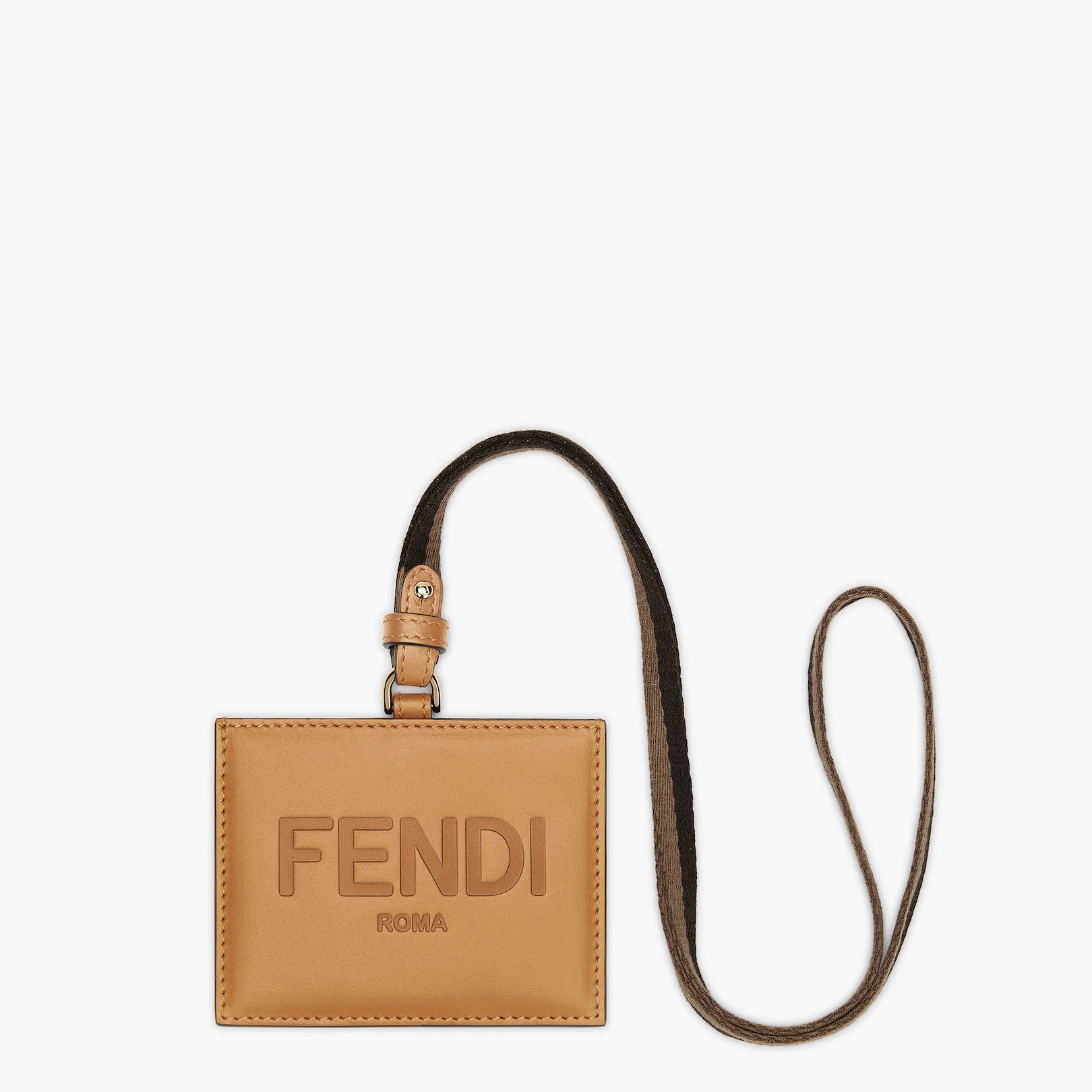 Fendi Roma name badge with a flat pocket and Pequin ribbon strap. Made of beige leather. Embellished - 1