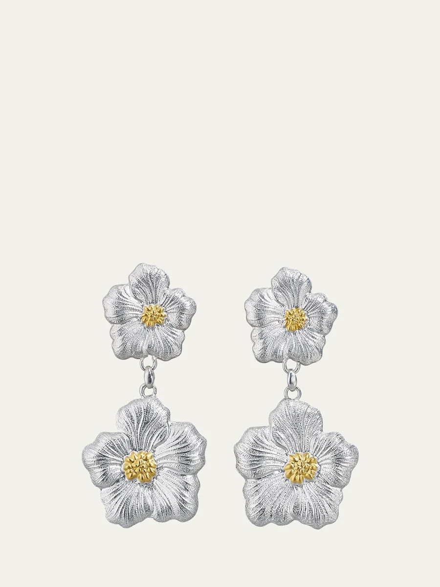 Blossoms Gardenia Sterling Silver and 18K Yellow Gold Pendant Earrings, 8.5cm - 1