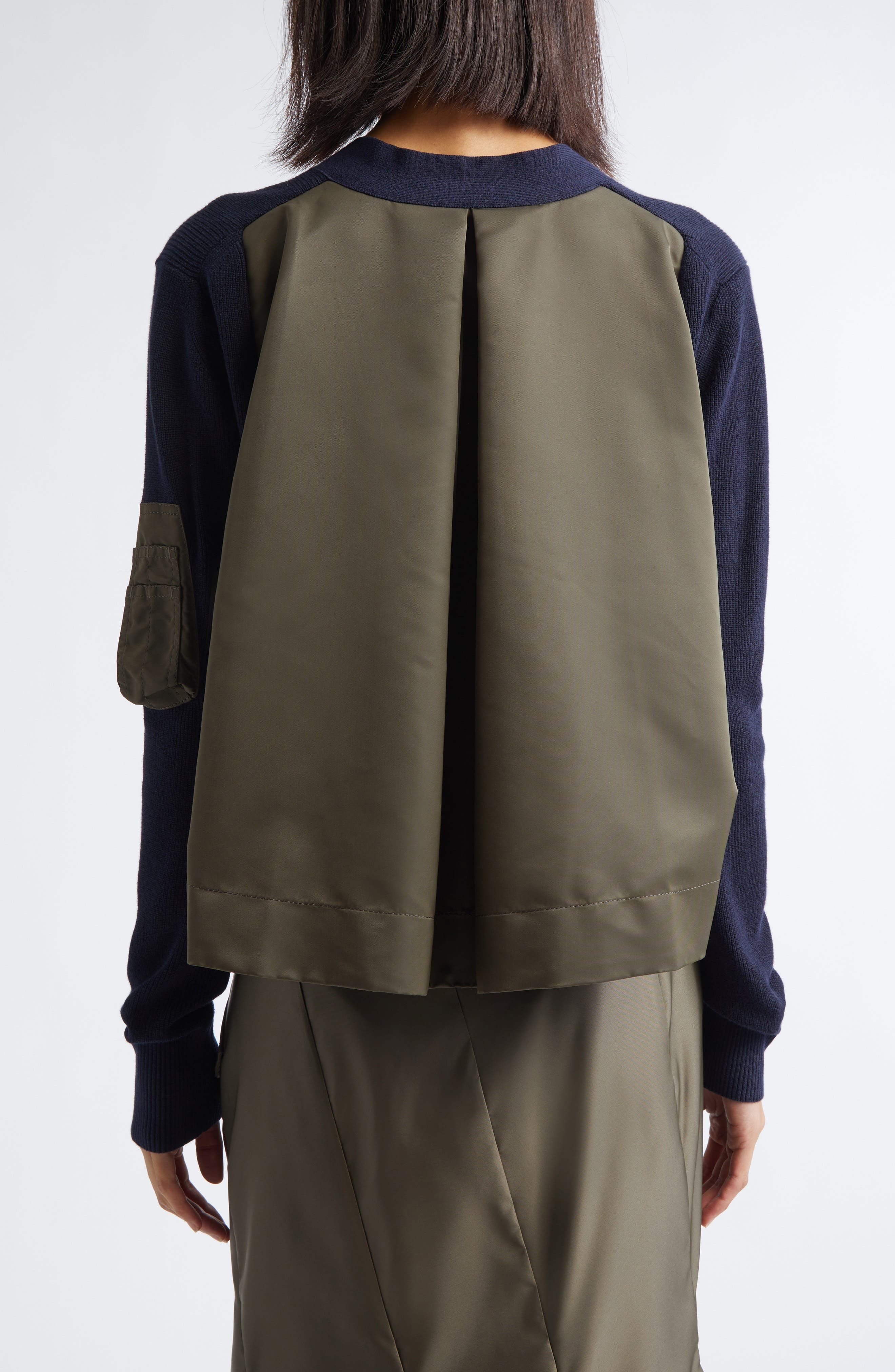 Sacai Mixed Media Nylon Twill & Knit Cardigan in Navy/Dark Khaki at Nordstrom - 3