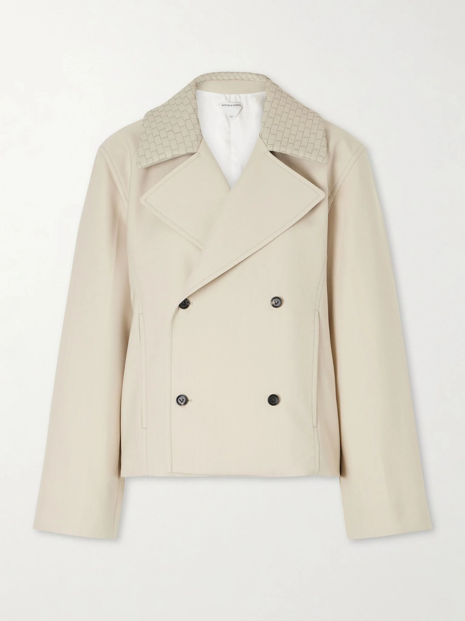 Double-breasted Intrecciato leather-trimmed wool and cotton-blend jacket Beige - 1