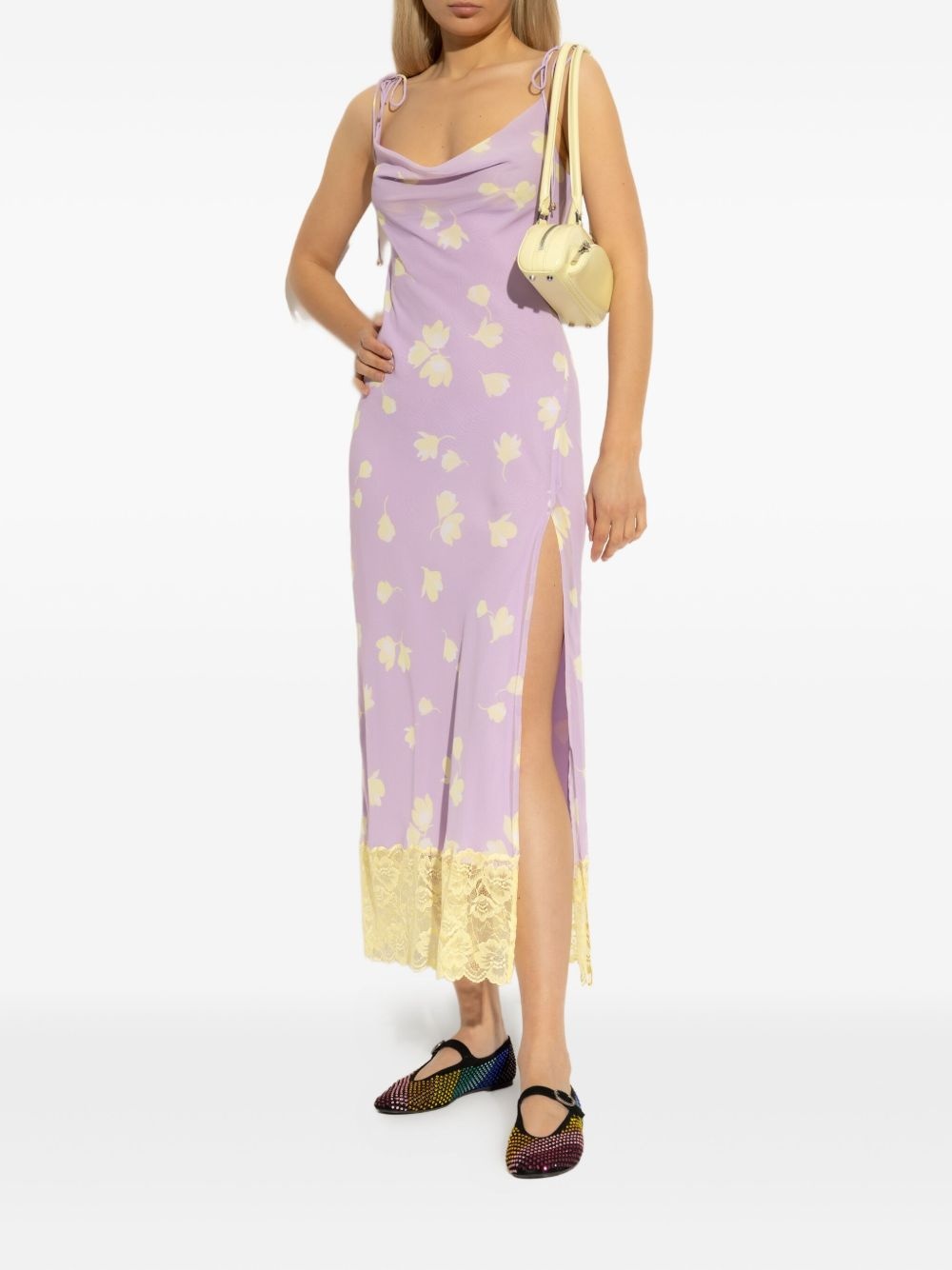 cowl-neck lace-trimmed midi dress - 2