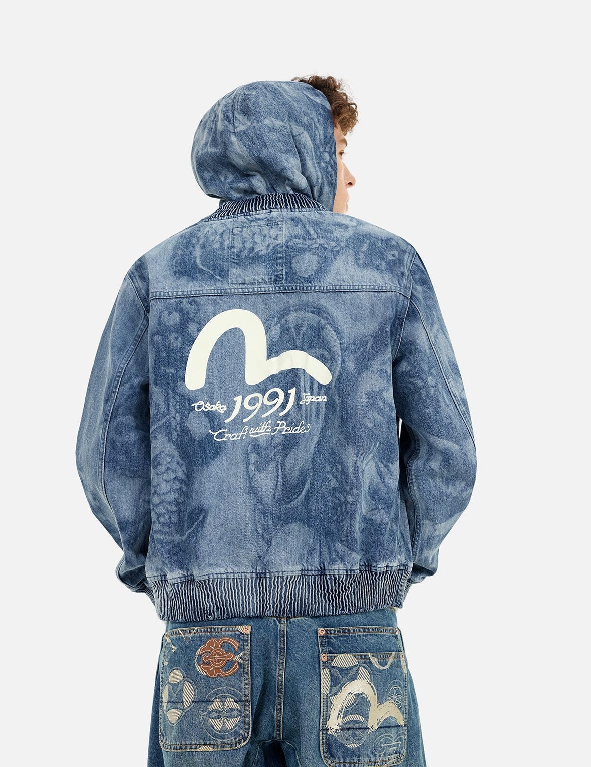 Fisherman Godhead Laser Print Loose Fit Hooded Denim Jacket - 5