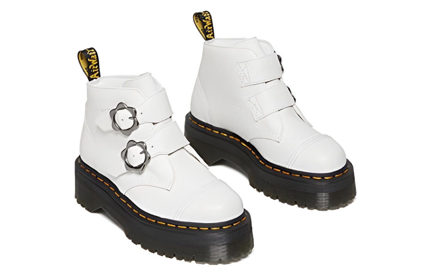 (WMNS) Dr.Martens Devon Flower Buckle Leather Platform Boots 'White Black' 27642100 - 2
