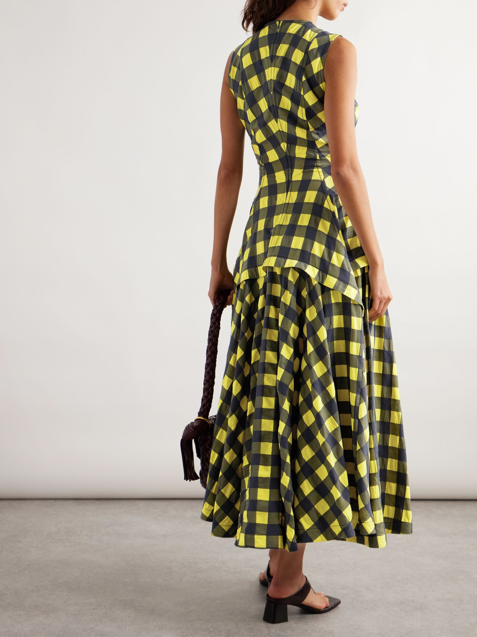 Pleated paneled checked cotton midi dress Multi - 3