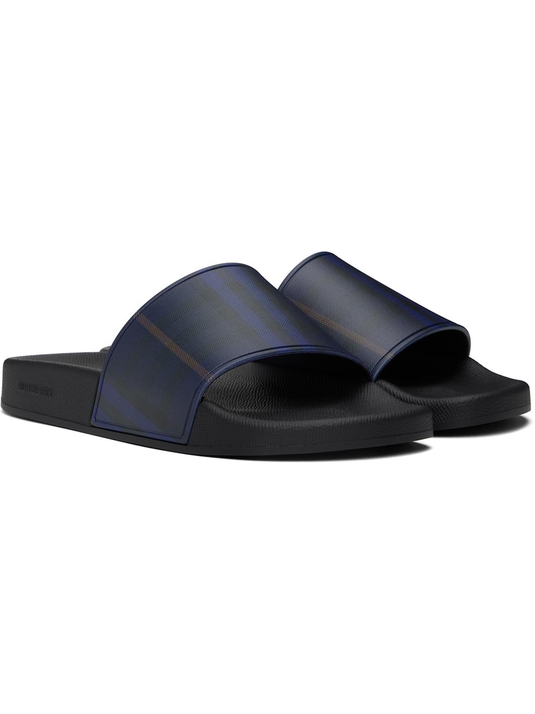 Navy & Black Check Pool Slides - 4