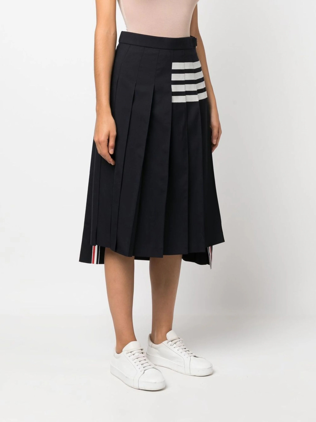 Navy Wool Plain Weave Pleated 4-Bar Skirt - 3