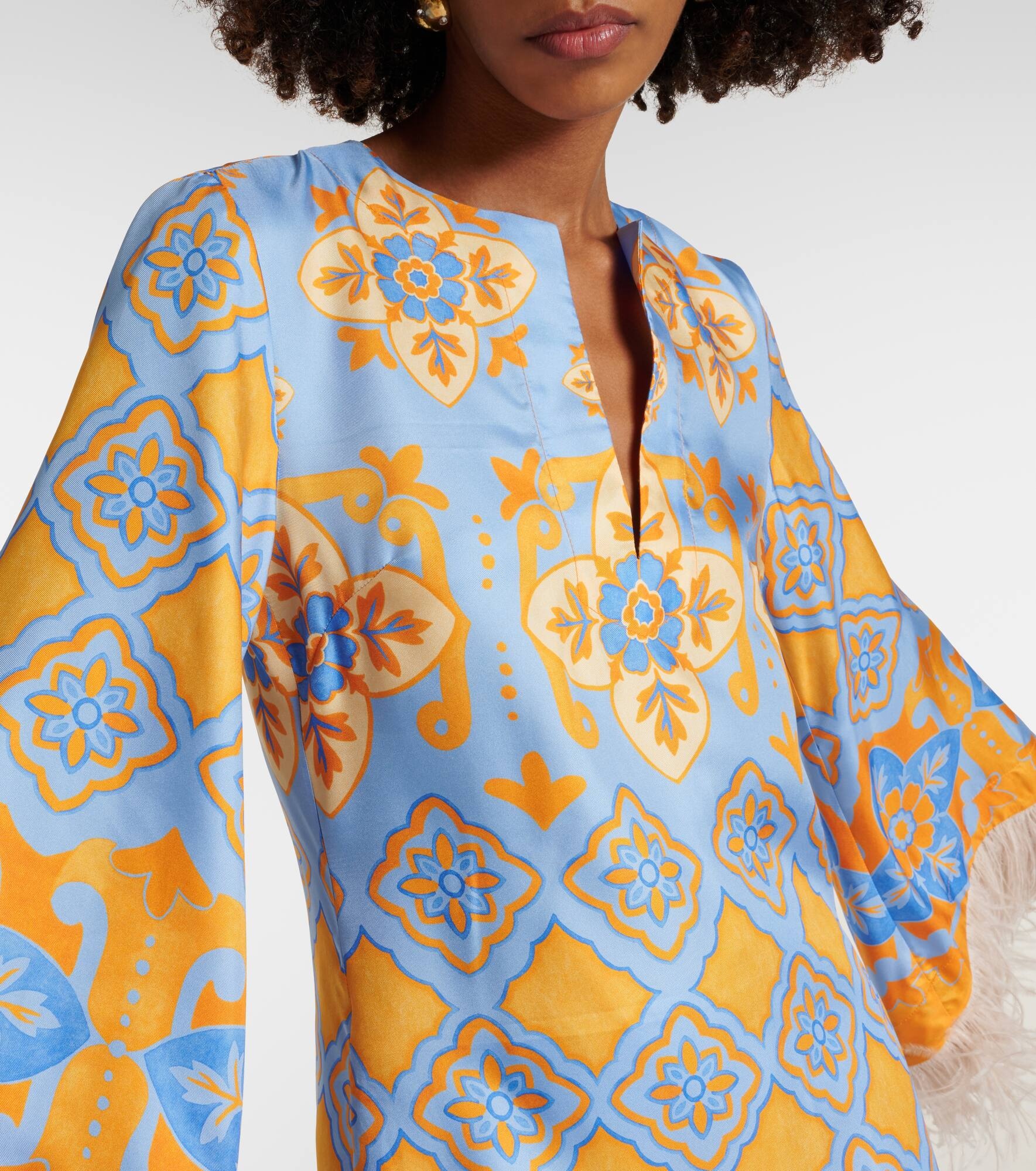 Printed feather-trimmed silk minidress - 4