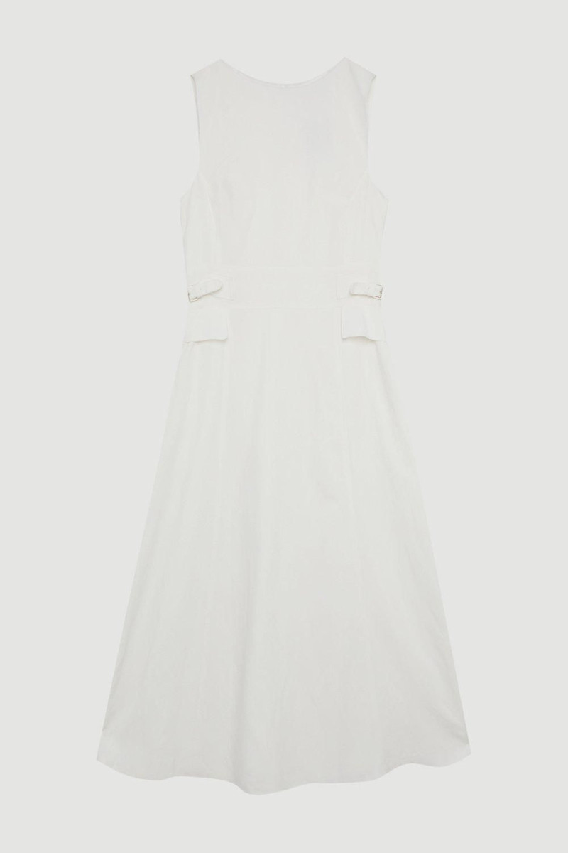 Premium Linen Tab Waist Detail Full Skirt Tailored Midi Dress 4