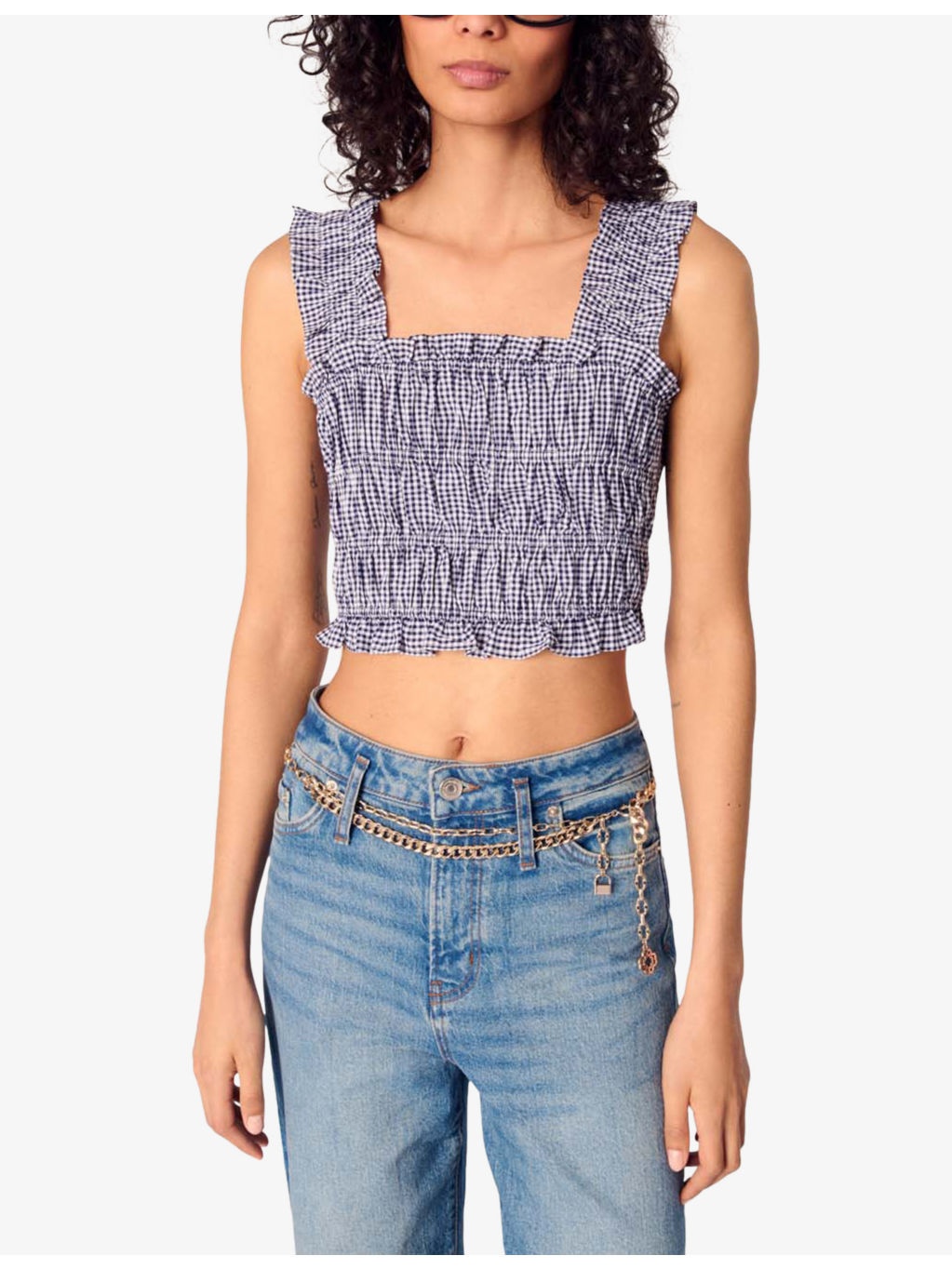 Gingham-Print Sleeveless Smocked Crop Top - 3