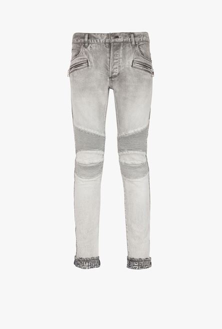 Slim cut faded and ridged light gray cotton jeans with Balmain monogram on hem - 1