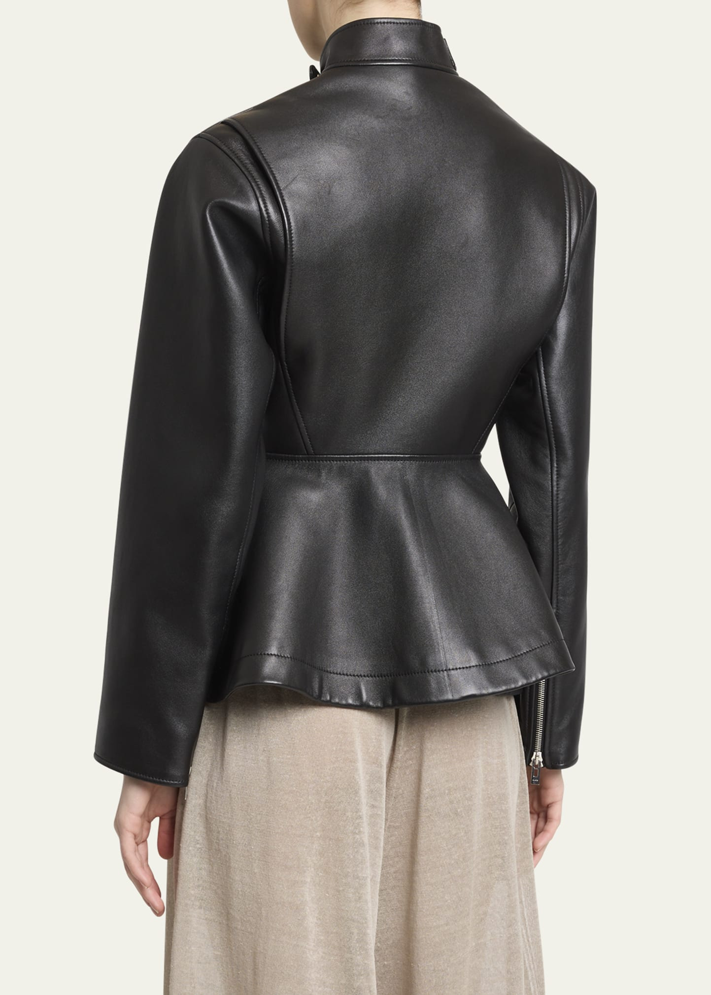 High-Neck Leather Peplum Jacket - 3
