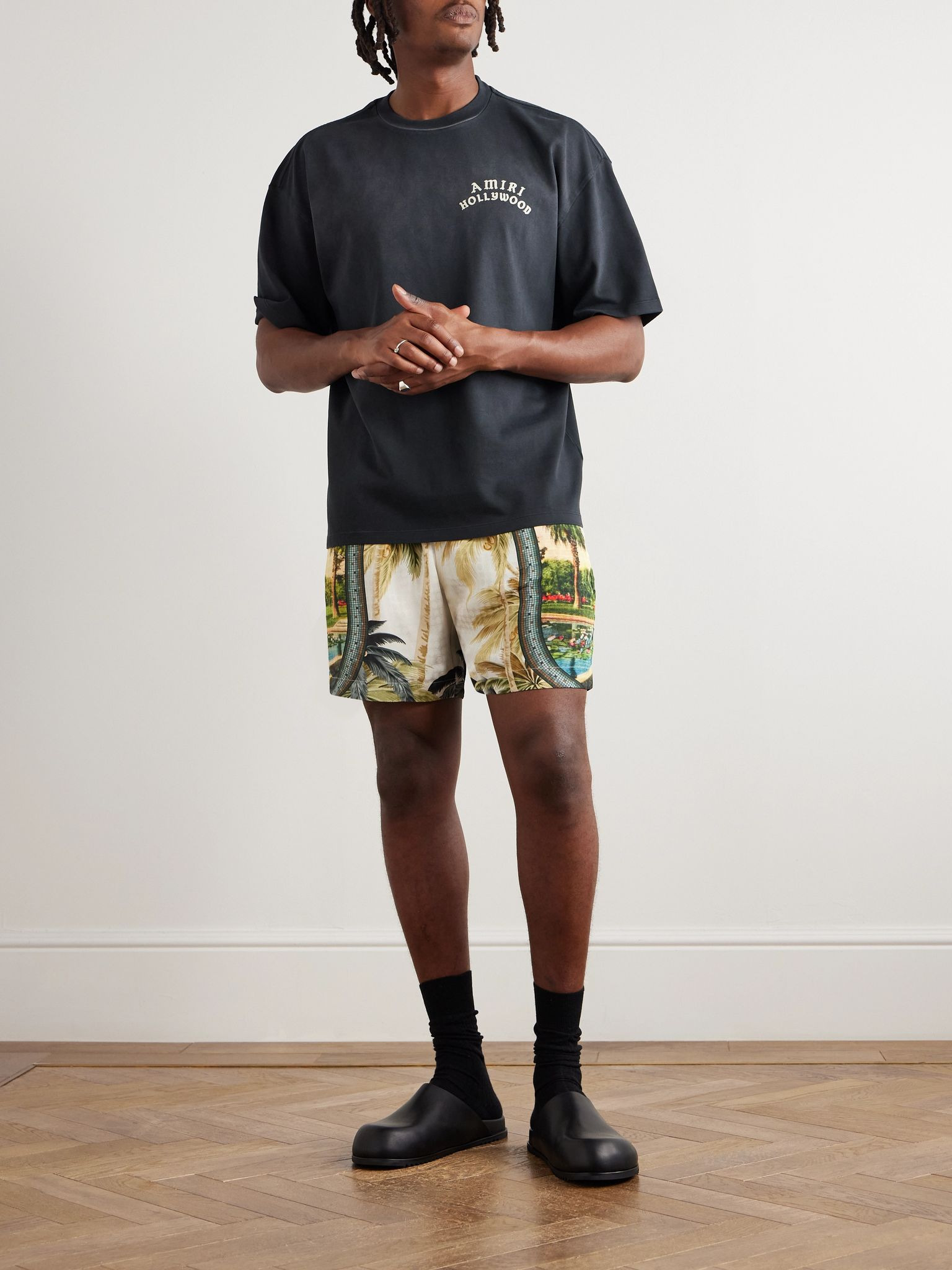 Paradise Straight-Leg Printed Satin Drawstring Shorts Green - 2