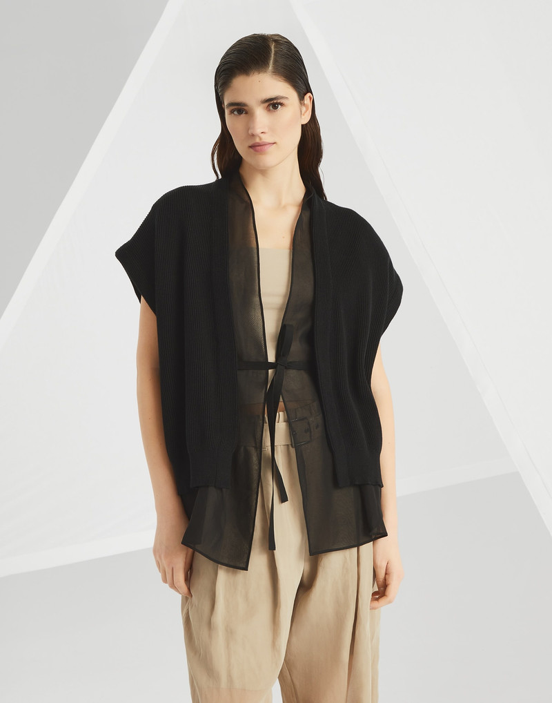 Cotton English rib knit and organza layered cardigan with monili - 1