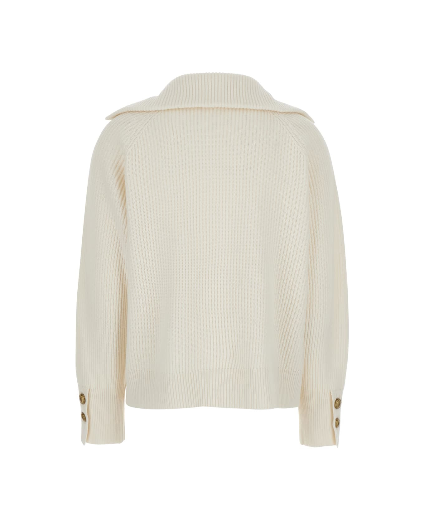 White Ribbed Knit Sweater With V Neck In Wool And Cashmere Blend Woman - 2