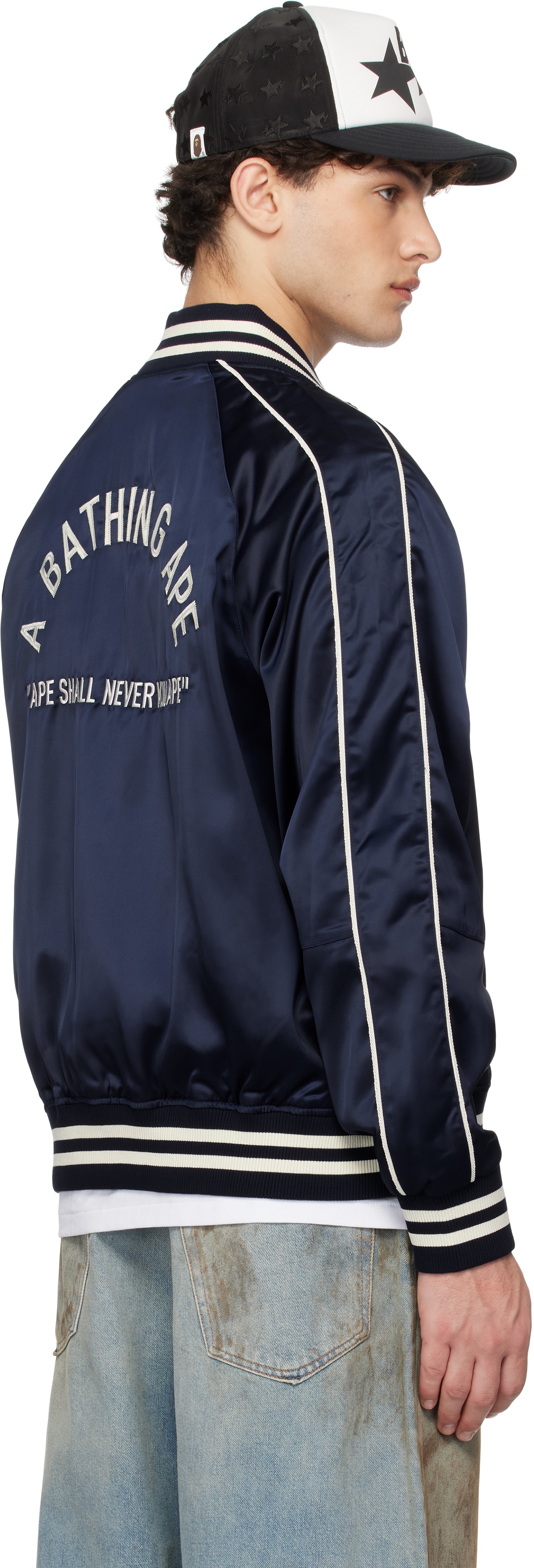 Navy 'A Bathing Ape' Nylon Varsity Bomber Jacket - 3